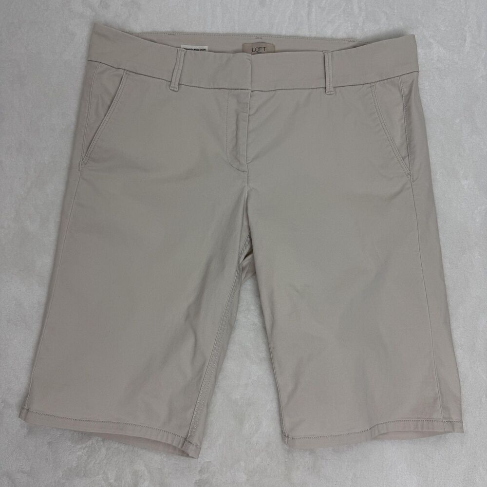 LOFT Outlet Shorts Womens 12 Beige Bermuda Roll Short Twill Stretch Casual